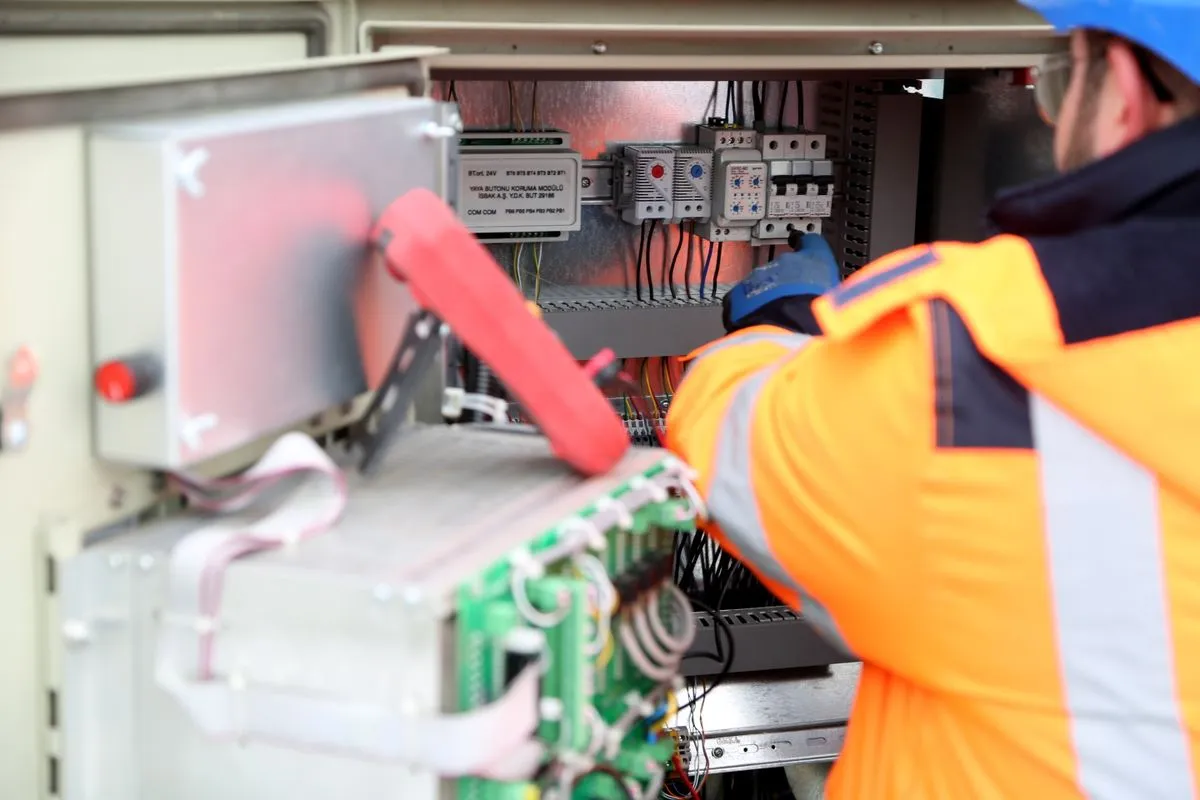 Profissional de elétrica inspecionando um painel elétrico industrial para verificar e documentar o serviço